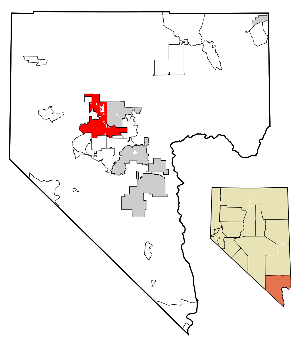 Clark County Nevada karta med markerat område Karta som markerar ett specifikt område i rött inom Clark County, Nevada, som visar detaljerade stadsgränser och länets placering.
