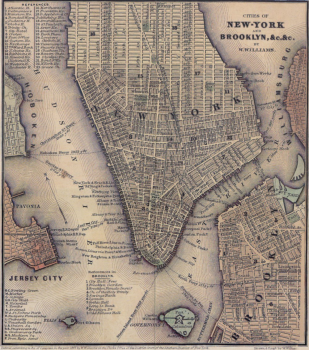 Antik karta över New York City, Brooklyn och Jersey City Vintage detaljerad karta över New York City och Brooklyn med Jersey City och Governors Island, som visar gator och färjerutter