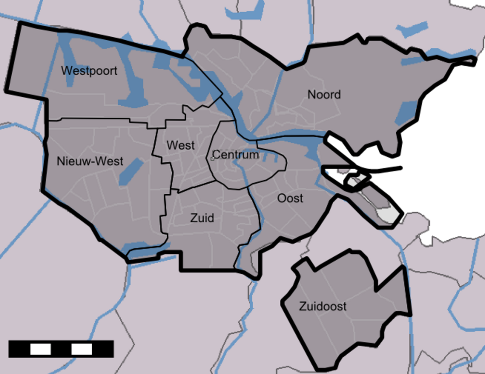 Distriktskarta över Amsterdams stadsområden Karta som visar distrikt i Amsterdam inklusive Westpoort, Noord, Centrum, West, Zuid, Oost, Nieuw-West och Zuidoost
