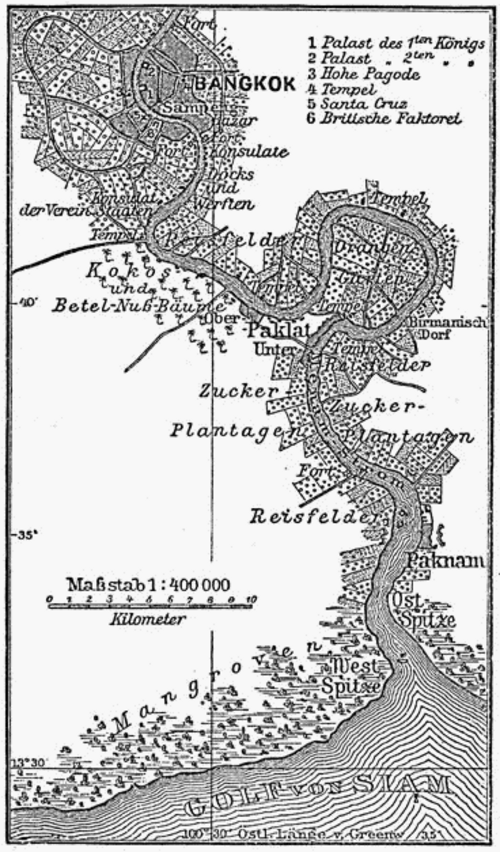 Vintage tysk karta över Bangkok och Siamviken Vintagekarta över Bangkok och omgivande områden längs Siamviken med landmärken och plantager märkta på tyska.