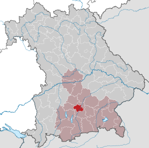 Karta över München i Bayern, Tyskland Karta som markerar staden München i Bayern, Tyskland med omgivande regioner och floder tydligt markerade.