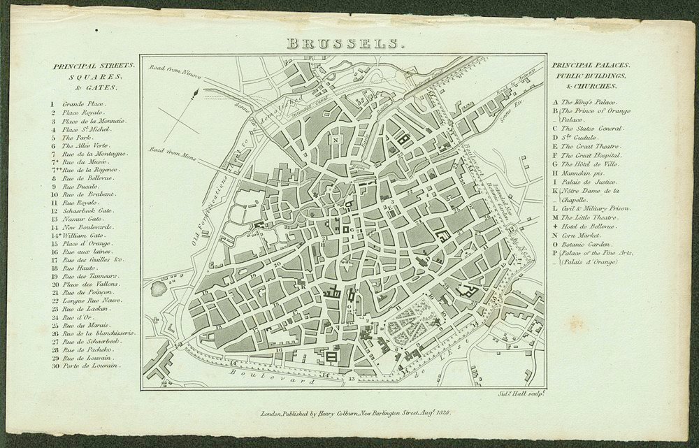 1829 Vintagekarta över Bryssel med landmärken Vintagekarta från 1829 över Bryssel som visar huvudgator, torg, portar, palats, offentliga byggnader och kyrkor med detaljerade etiketter.