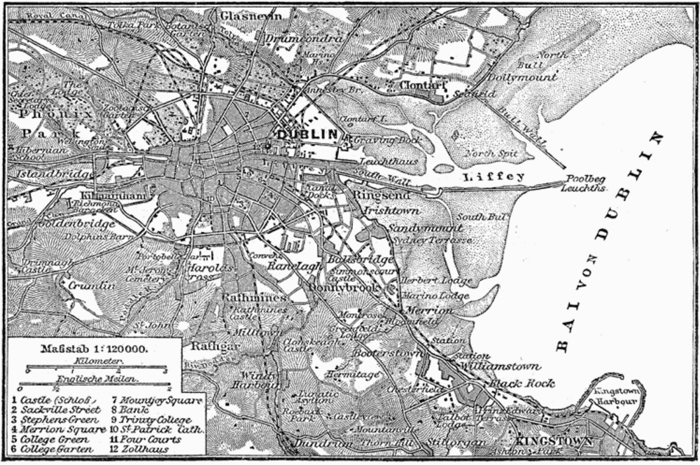 Vintagekarta över Dublin stad och Dublin Bay Vintage svartvit karta över Dublin stad och Dublin Bay som visar viktiga landmärken och omgivande områden
