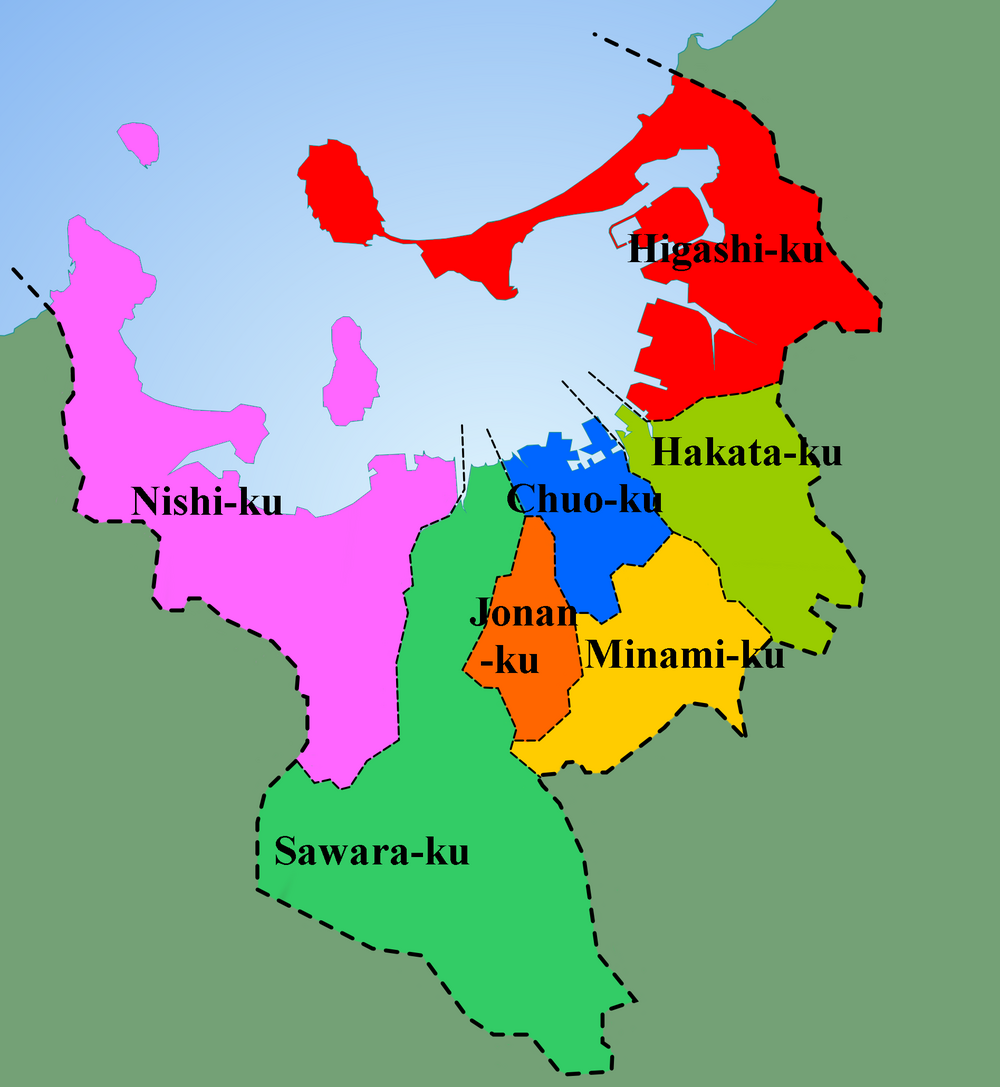 Karta över Fukuoka City-distrikt i Japan Färgkodad karta som visar de sju distrikten i Fukuoka City, Japan inklusive Higashi-ku, Hakata-ku, Chuo-ku, Minami-ku, Jonan-ku, Sawara-ku och Nishi-ku.