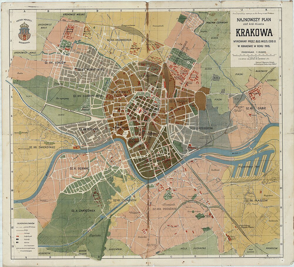 1916 Kraków stadskarta med distrikt och gator Detaljerad historisk karta från 1916 över Kraków stadsdistrikt med gator, parker och landmärken i Polen
