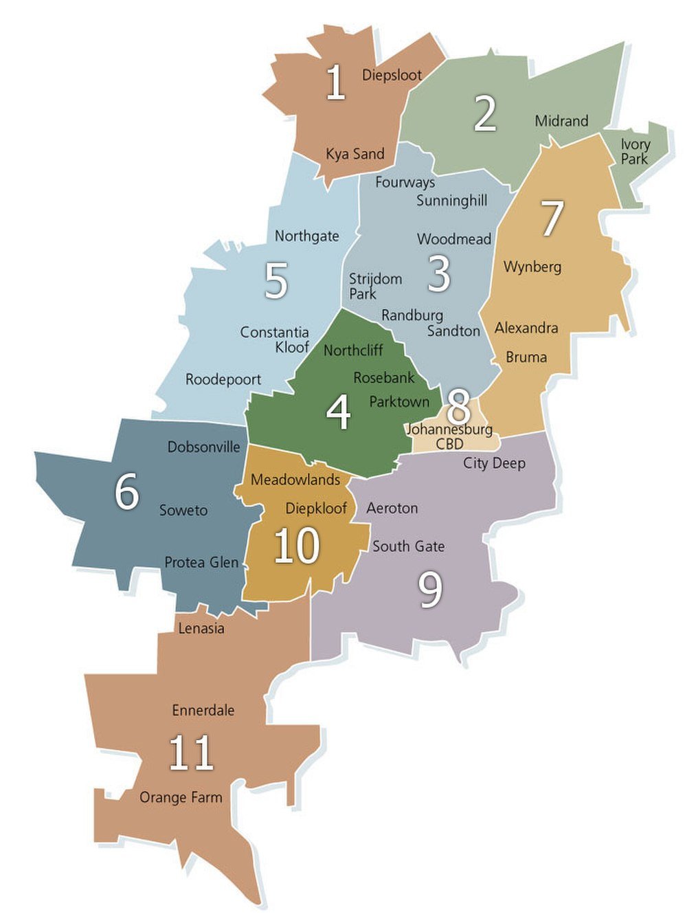 Johannesburgs stadskarta med numrerade regioner och stadsdelar Karta som visar numrerade regioner och stadsdelar i Johannesburg inklusive Diepsloot, Midrand, Soweto och Johannesburg CBD