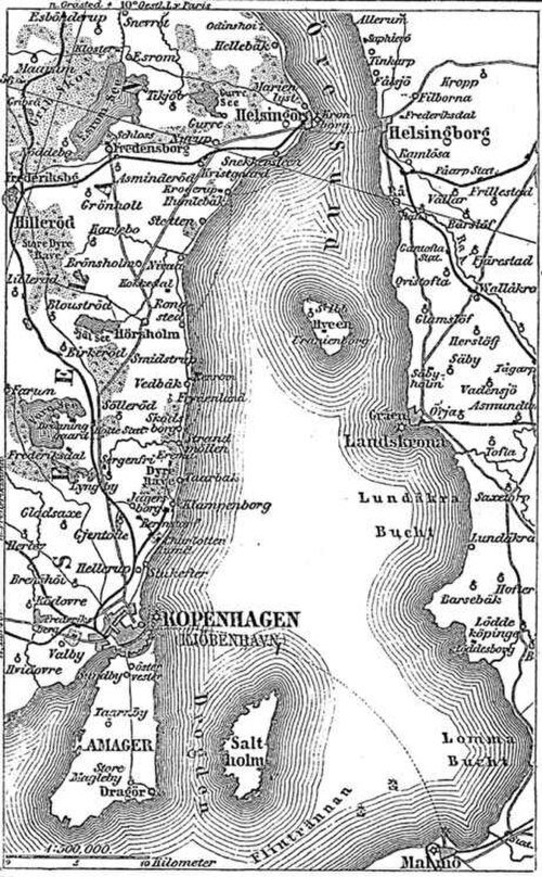 Vintagekarta över Köpenhamn och Helsingborgsregionen Vintagekarta som visar Köpenhamn, Helsingborg, Helsingör och omgivande områden med detaljerad topografi och vattenvägar.