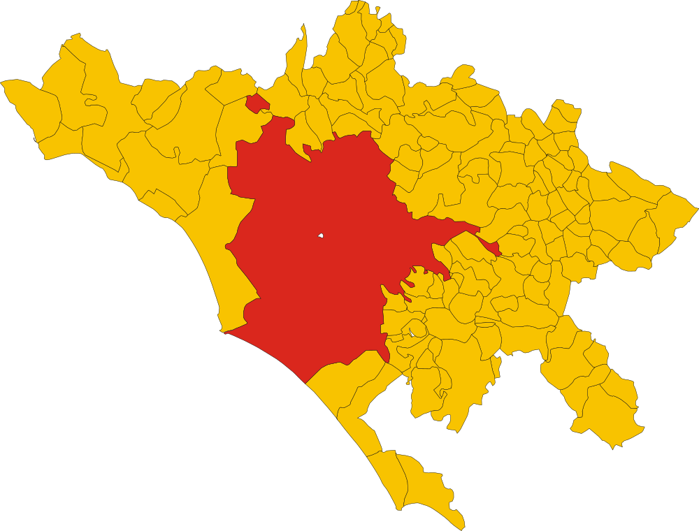 Karta med central röd och omgivande gula regioner Karta som markerar en central röd region omgiven av flera gula regioner med svarta gränser, som visar geografiska indelningar.