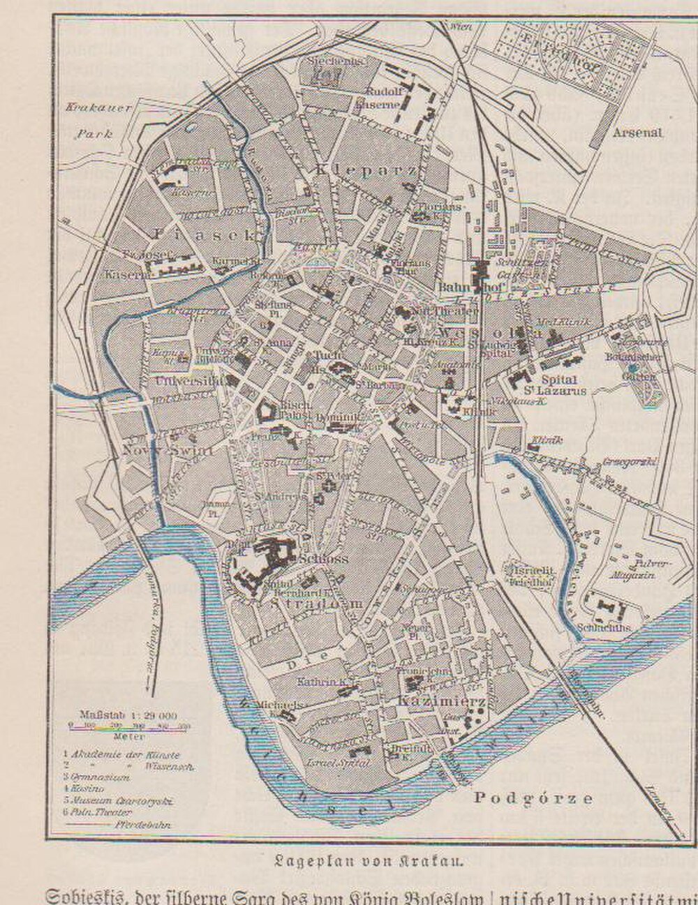 Historisk karta över Krakau stad med landmärken Historisk karta över Krakau som visar distrikt, landmärken, floder och gator med detaljerade anteckningar på tyska.