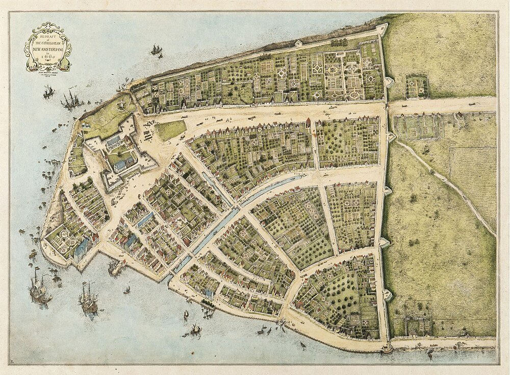 1660 Karta över Nya Amsterdams Stadsplan Historisk karta från 1660 över Nya Amsterdam som visar detaljerad stadsplan, gator, kanaler och befästningar vid vattnet