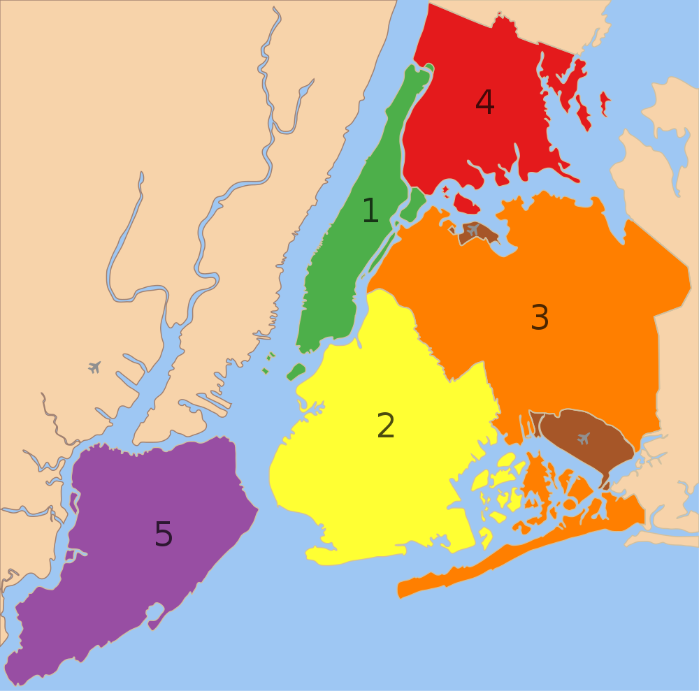 Karta över New York Citys fem stadsdelar Färgkodad karta som visar de fem stadsdelarna i New York City med distinkta nummer och färger för varje stadsdel.