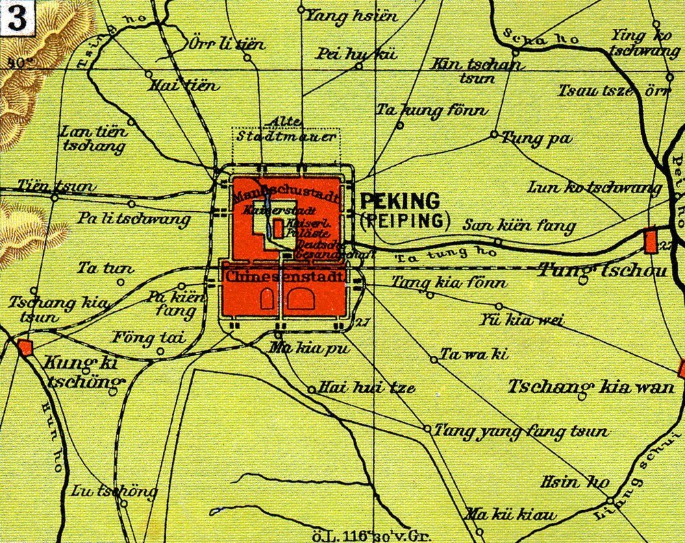 Vintagekarta över Peking (Beijing) med järnvägsrutter Vintagekarta som visar Peking (Beijing) och omgivande städer med gamla tyska etiketter och järnvägslinjer