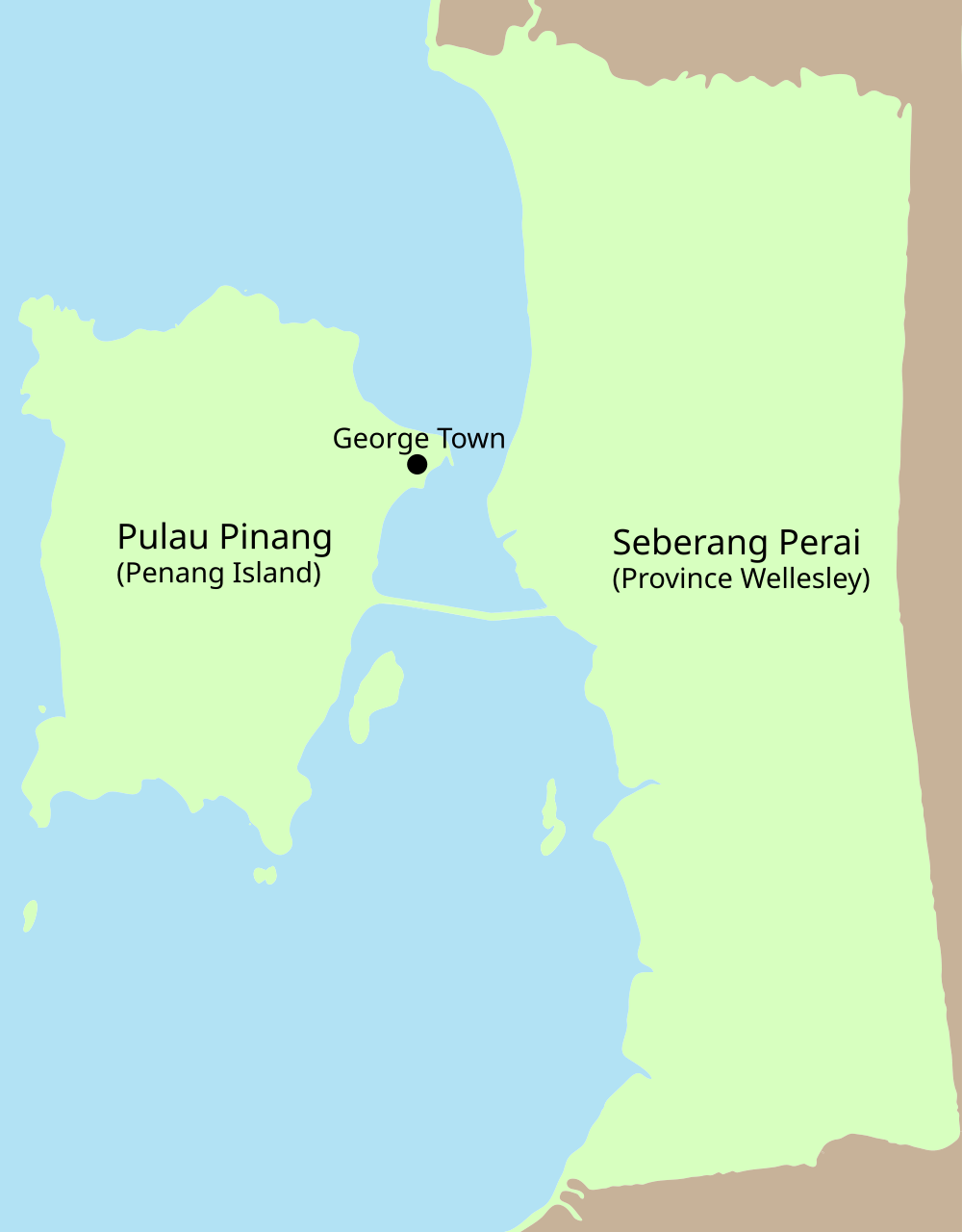 Karta som visar Pulau Pinang (Penang Island) och Seberang Perai (Province Wellesley) med George Town markerad