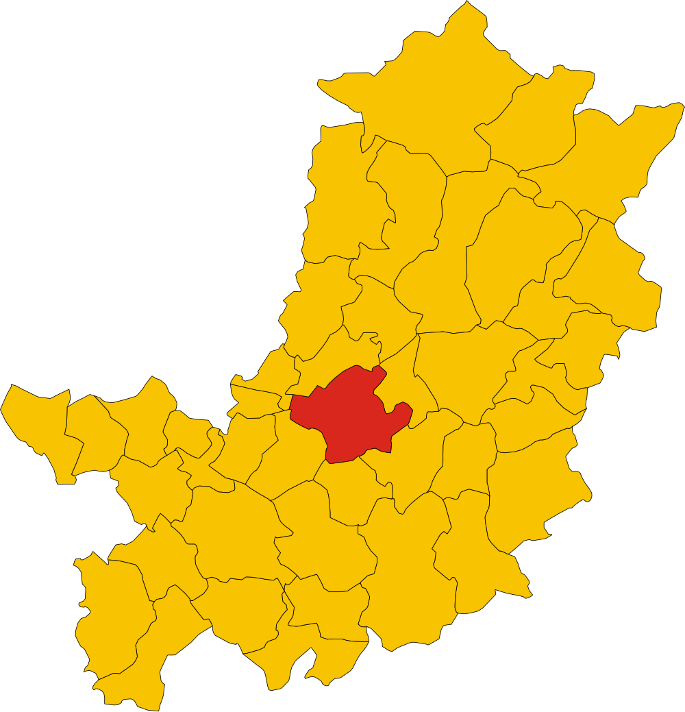 Centralt distrikt markerat på regional karta Karta som markerar det centrala distriktet i rött inom en större gul region, som visar administrativa gränser.