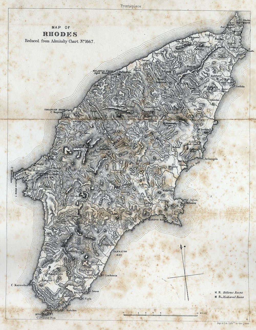 Vintagekarta över Rhodos Ö med Terräng och Ruiner Detaljerad vintagekarta över Rhodos ö som visar terräng, ruiner, slott och nyckelplatser från Admiralty Chart No. 1667
