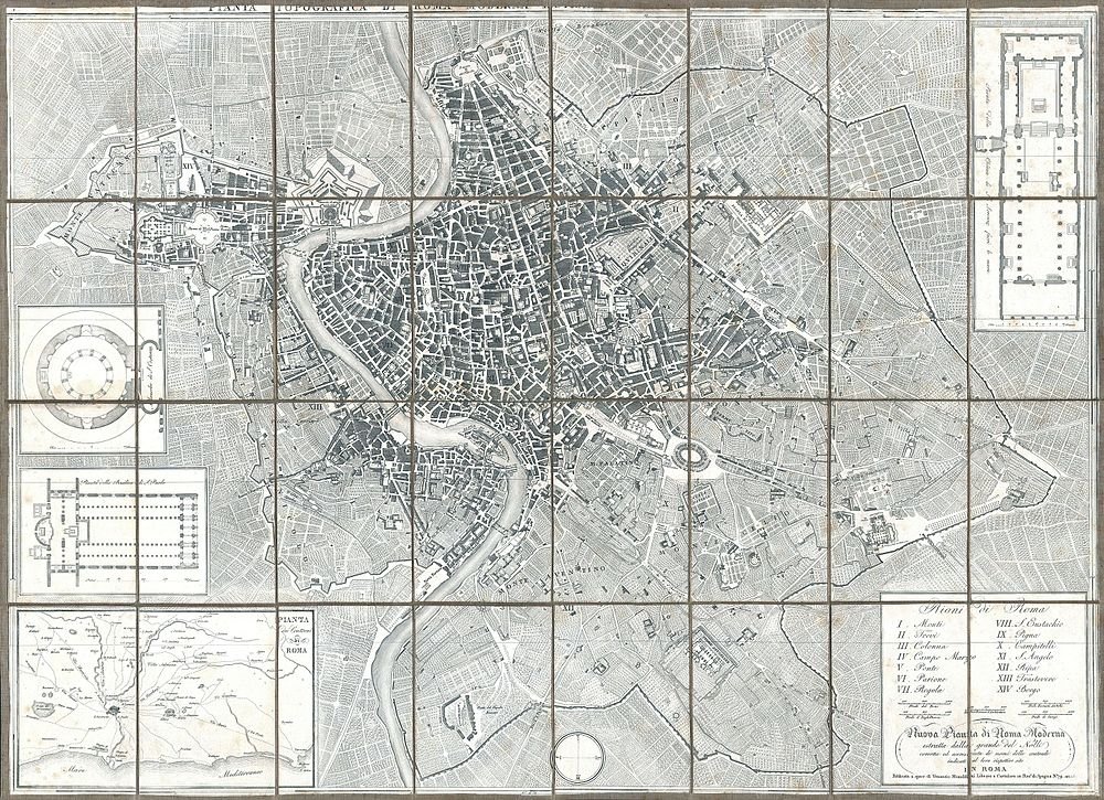 Vintage topografisk karta över Rom med landmärken Detaljerad vintage topografisk karta över Rom som visar stadens layout, landmärken och omgivande områden med inbäddade planer.