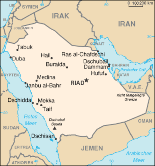 Karta över Saudiarabien med större städer och grannländer Karta över Saudiarabien som visar större städer som Riyadh, Mecka, Medina, Dammam och grannländerna Irak, Iran och Jemen.