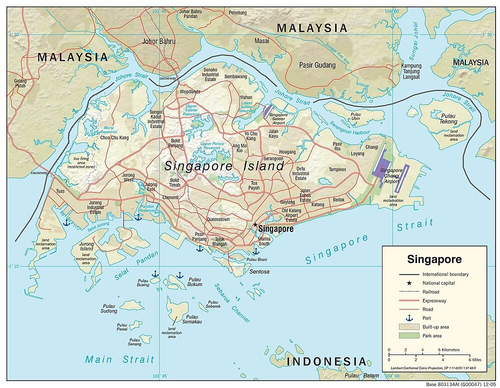 Karta över Singapore Island med vägar och flygplatser Detaljerad karta över Singapore Island som visar stora vägar, motorvägar, flygplatser, hamnar och omgivande områden i Malaysia och Indonesien
