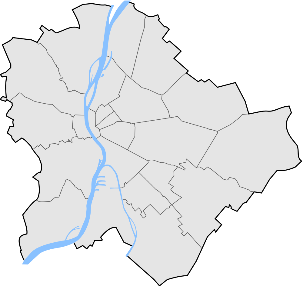 Budapests administrativa distriktskarta med Donau Karta som visar administrativa distrikt i Budapest med Donau som flyter genom stadens centrum i Ungern
