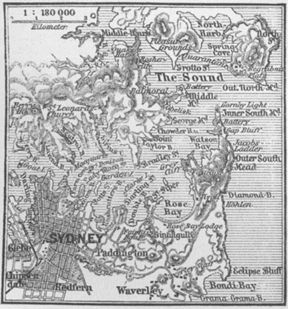 Vintage karta över Sydney och omgivande vikar Vintage svartvit karta över Sydney och omgivande vikar inklusive Rose Bay, Watson Bay och Bondi Bay med detaljerade landmärken