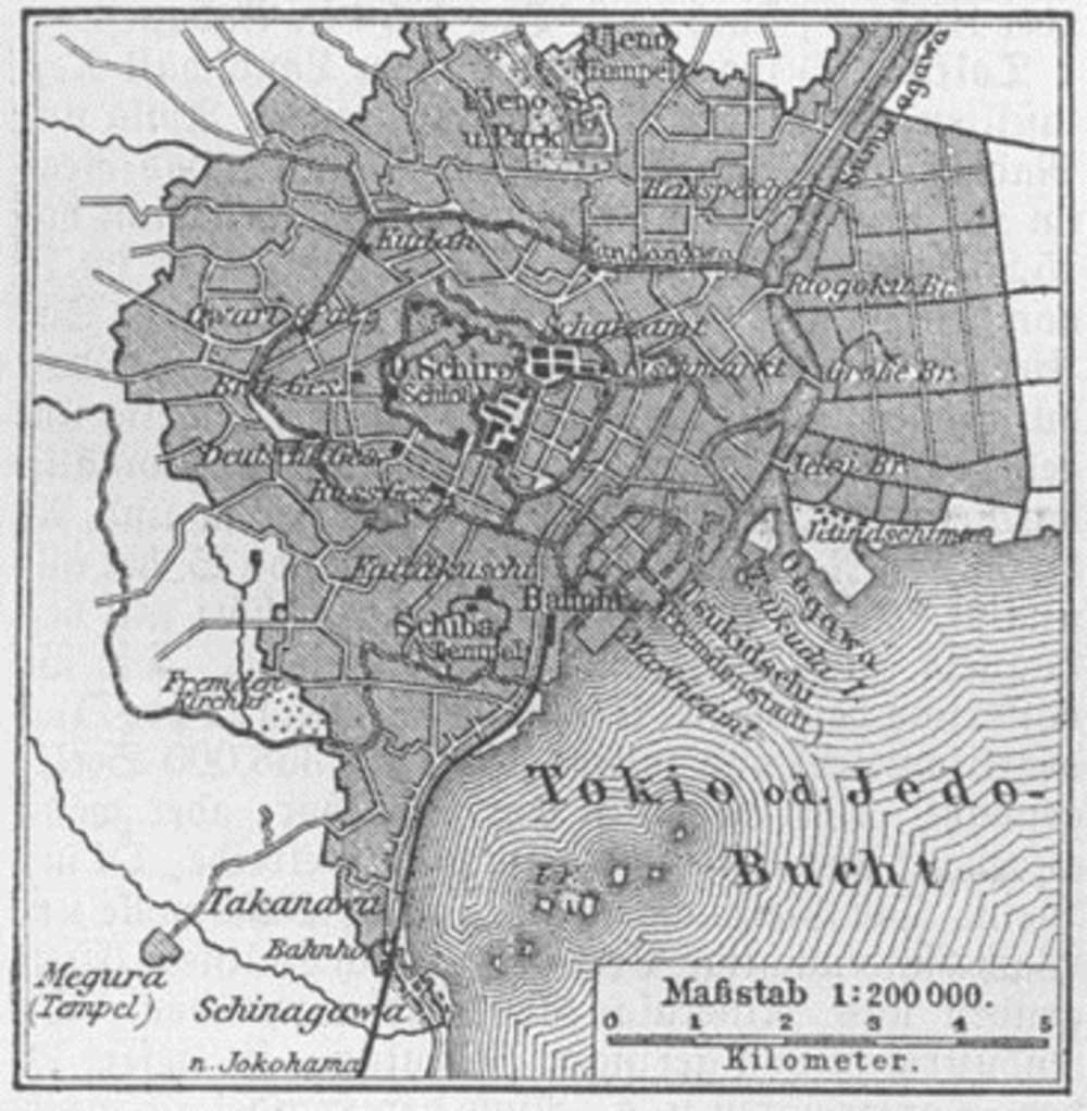 Vintagekarta över Yokohama stad med landmärken Vintagekarta över Yokohama, Japan som visar distrikt, landmärken och kustlinje med skala i kilometer.