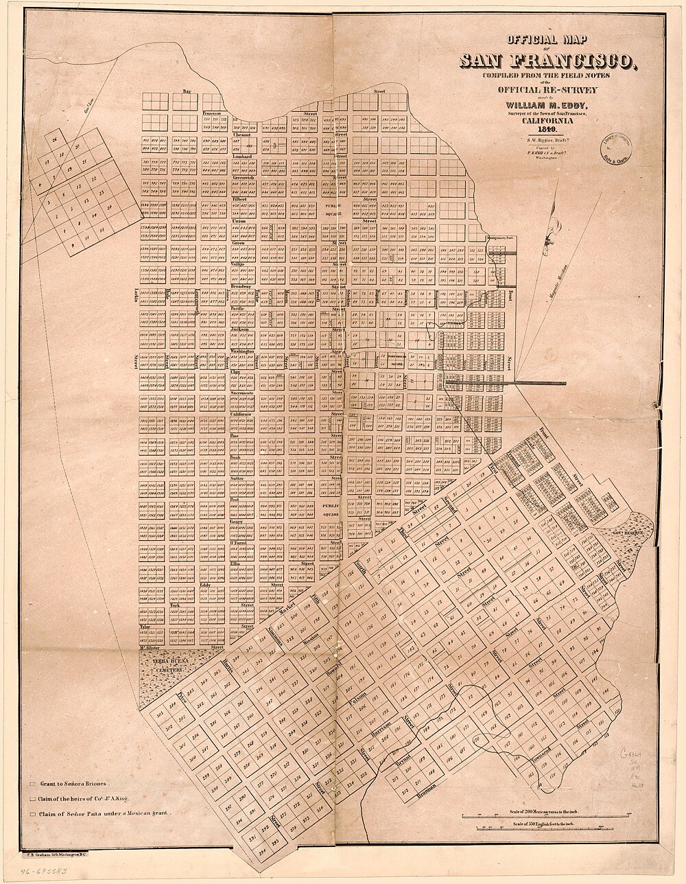 1849 Officiell karta över San Francisco av William M. Eddy Officiell karta över San Francisco 1849 som visar detaljerad gatunät och markplottar från William M. Eddys undersökning