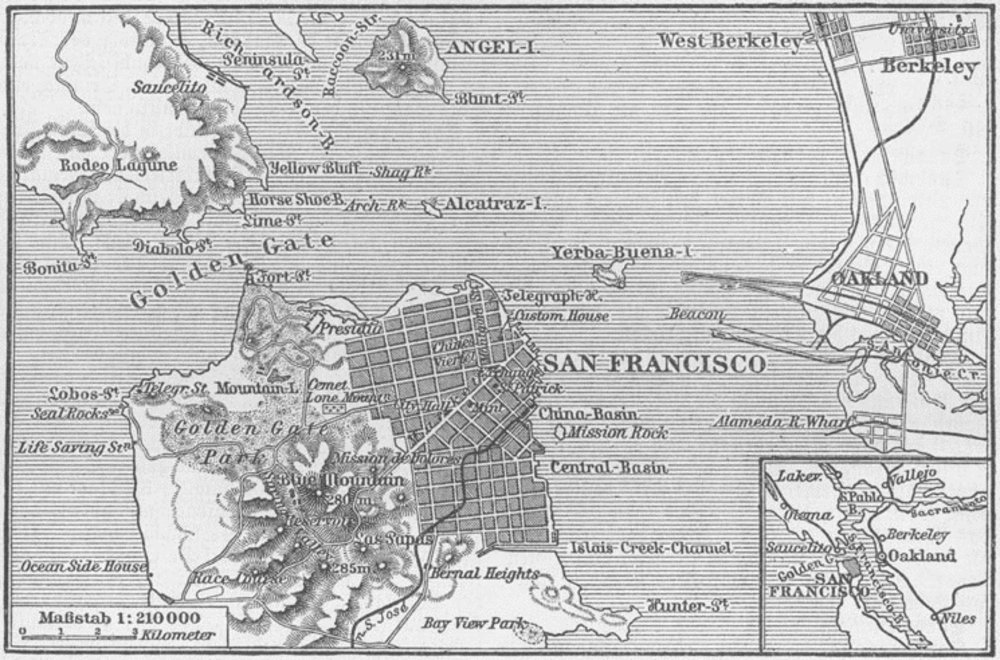 Vintagekarta över San Francisco Bay Area som visar San Francisco, Oakland, Berkeley, Golden Gate och omgivande landmärken.