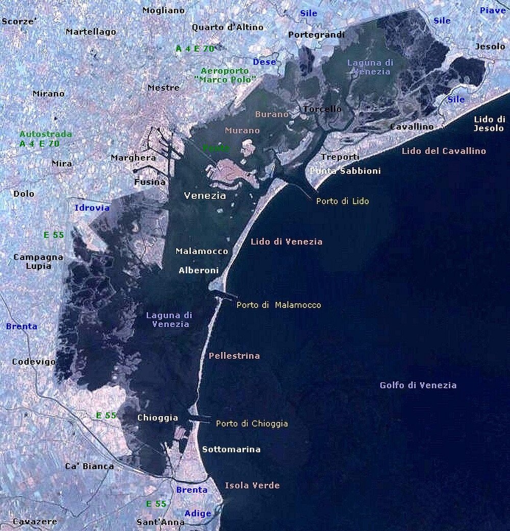 Satellitkarta över Venedigs lagun och omgivningar Satellitkarta över Venedigs lagun som visar Venedig, Murano, Lido di Venezia och omgivande områden i Italien