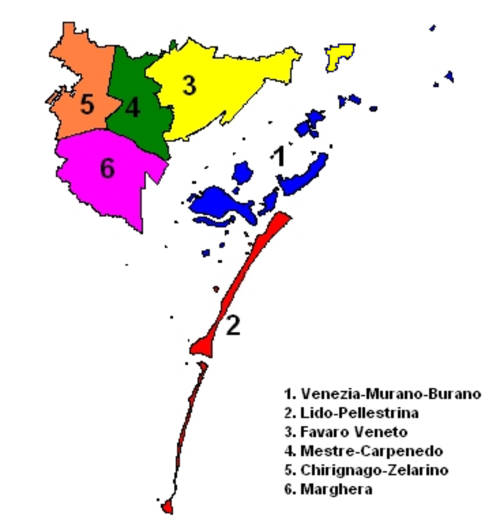 Karta över Venedigs distrikt med numrerade zoner Karta över Venedigs distrikt inklusive Venezia-Murano-Burano, Lido-Pellestrina, Favaro Veneto, Mestre-Carpenedo, Chirignago-Zelarino och Marghera.