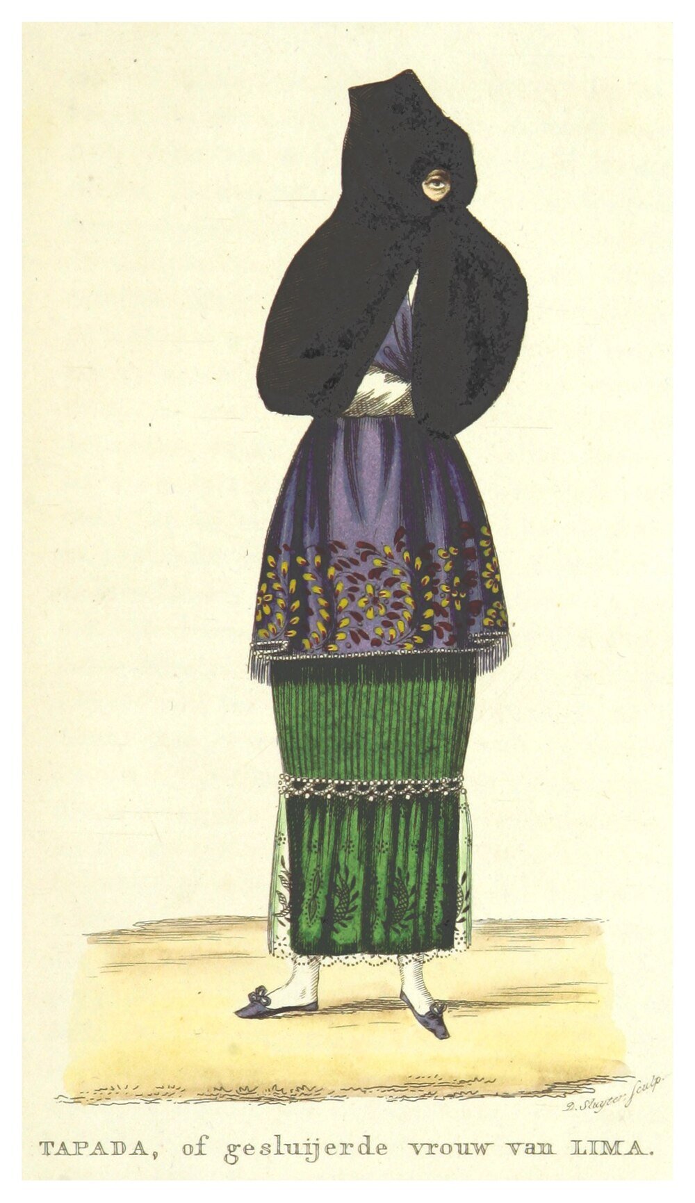 Traditionell Tapada-kvinna från Lima i täckta kläder Illustration av en Tapada-kvinna från Lima som bär traditionella täckta kläder med en svart slöja och färgglad kjol