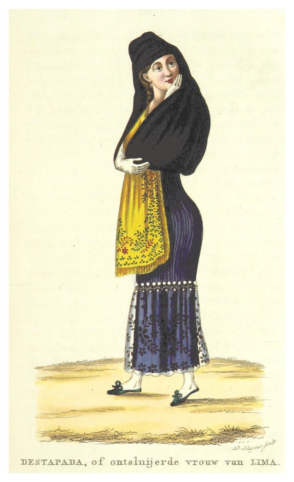 Traditionell Destapada Kvinna från Lima Illustration av en traditionell kvinna från Lima som bär en destapada-outfit med färgglad sjal och lång kjol