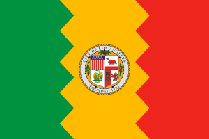 Flagga för Los Angeles med gröna, gula och röda sicksack vertikala ränder och stadens sigill i mitten, symboliserar arv och kultur