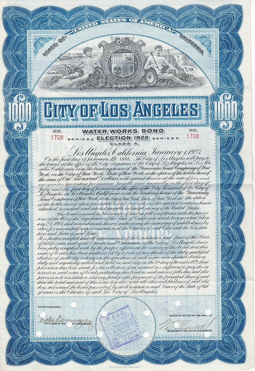 City of Los Angeles Water Works Bond 1923 Certifikat Vintage City of Los Angeles Water Works Bond certifikat från 1923 med utsmyckad blå kant och detaljerad text
