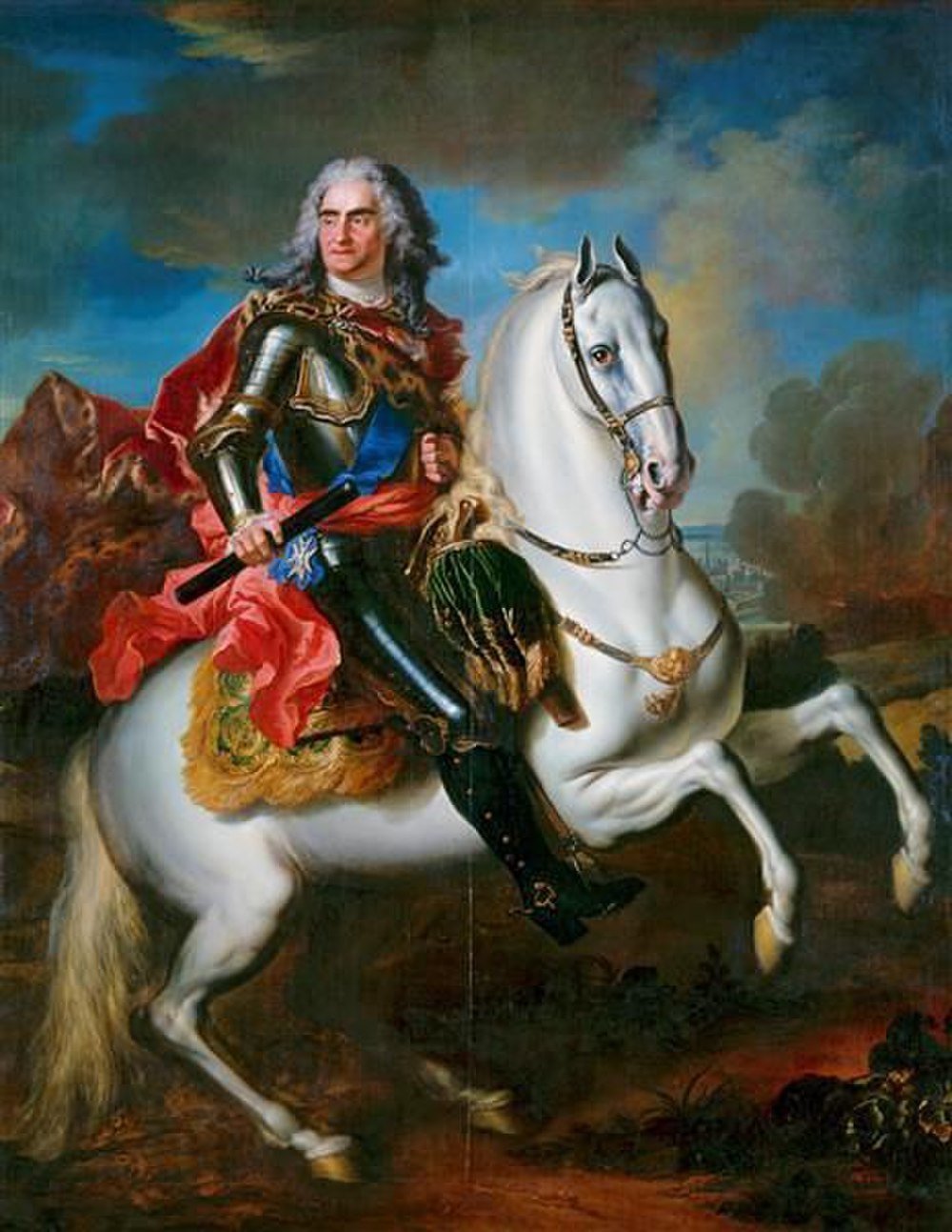 Adelsman på vit häst historisk målning Historisk målning av en adelsman i rustning som rider på en vit häst med en dramatisk himmel och landskapsbakgrund