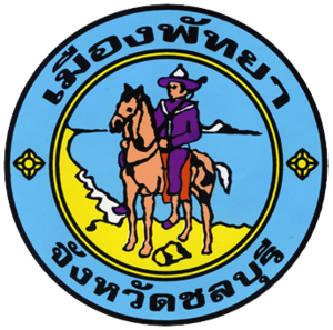 Sigill för Mueang Pattaya-distriktet i Chonburi-provinsen med en ryttare på häst med en naturskön bakgrund