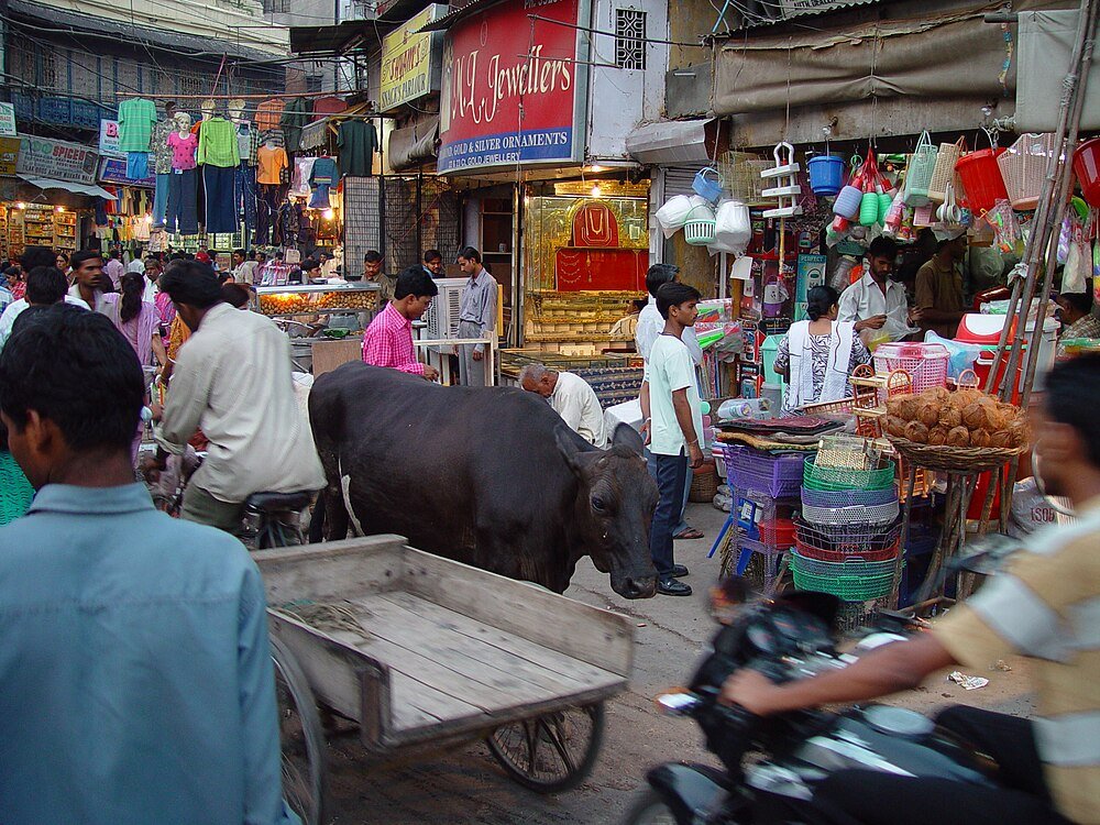 Livlig indisk gatumarknad med buffel och butiker Livlig indisk gatumarknad med människor, en buffel, motorcykel och olika butiker inklusive en juvelerare och plastvarubutik