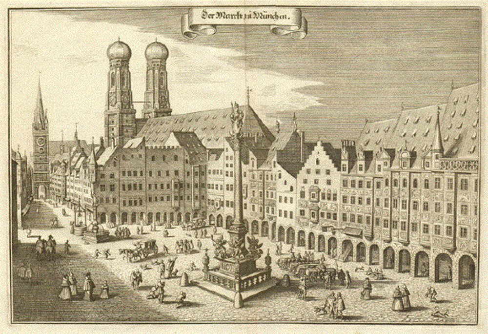 Historisk gravyr av Münchens Marienplatz torg Historisk gravyr av Münchens Marienplatz torg med Frauenkirche kyrka och gamla byggnader, myllrande av människor och vagnar.