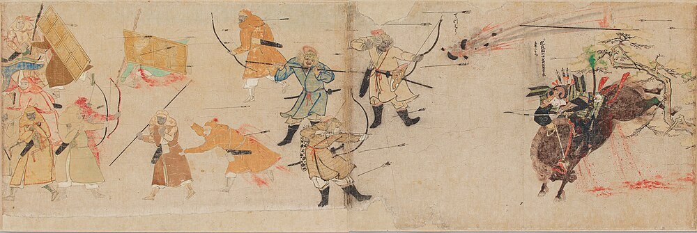 Forntida japansk stridsscen med bågskyttar och tjur Forntida japansk stridsscen med bågskyttar och krigare som attackerar en anfallande tjur, traditionell samurajrustning och vapen avbildade