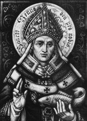 Medieval bishop holding a bird in religious attire Medeltida biskop i utsmyckade religiösa kläder som håller en fågel, detaljerad svartvit historisk illustration