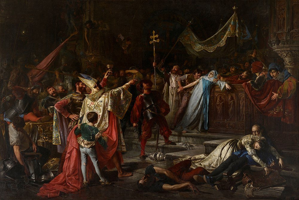 Dramatisk medeltida scen med riddare och prästerskap Historisk målning som skildrar en dramatisk medeltida scen med riddare, prästerskap och upprörda figurer i en mörk, utsmyckad interiör
