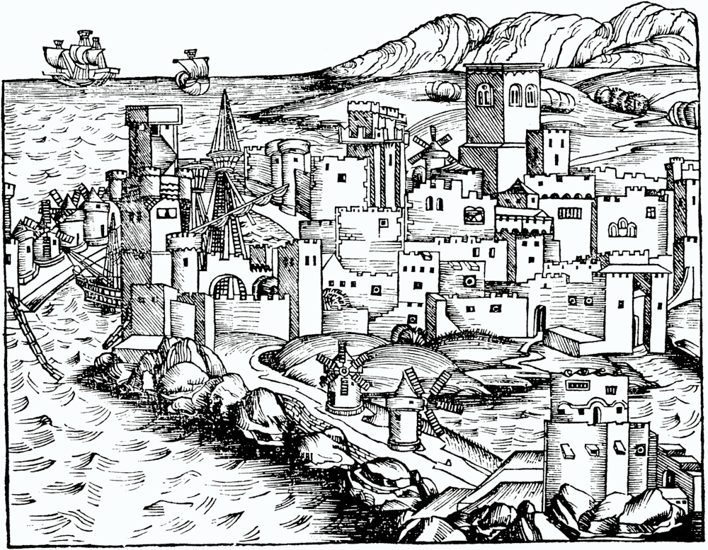 Medeltida stadsbild med slott och väderkvarnar Detaljerad svartvit medeltida stadsbild illustration med slott, väderkvarnar, skepp och bergig bakgrund