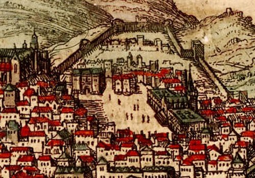 Medeltida befäst stadsillustration med röda tak Historisk detaljerad illustration av en befäst medeltida stad med röda tak och försvarsmurar