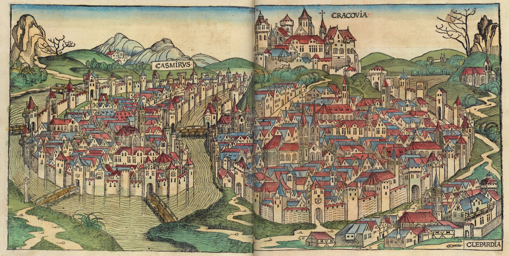 Medeltida karta över städerna Casmirys och Cracovia Historisk kartillustration av medeltida städerna Casmirys och Cracovia med detaljerade stadsmurar och byggnader