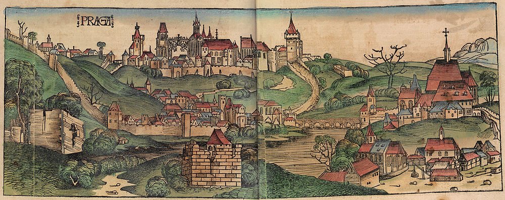 Medeltida Prags stadsbild träsnitt illustration Historisk träsnitt illustration av Prags stadsbild med medeltida byggnader, kyrkor och befästa murar i ett naturskönt landskap.