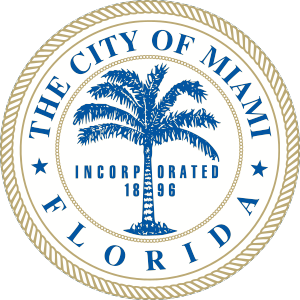 Officiell sigill för staden Miami Florida med en palm och grundåret 1896 i blått och guld