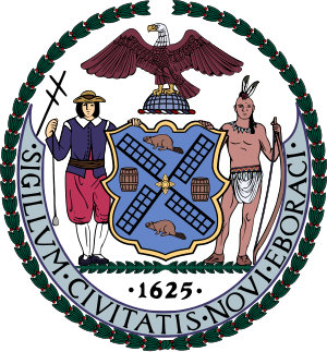 Officiell sigill för New York City med en sjöman, indian, örn, väderkvarn och bävrar som symboliserar historia och arv