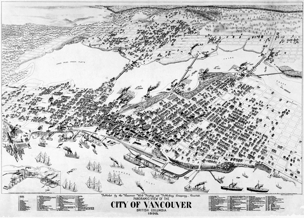Panoramavy över Vancouver Stad 1898 Panoramisk illustrerad karta över staden Vancouver, British Columbia 1898 som visar gator, byggnader och vattenfront med skepp