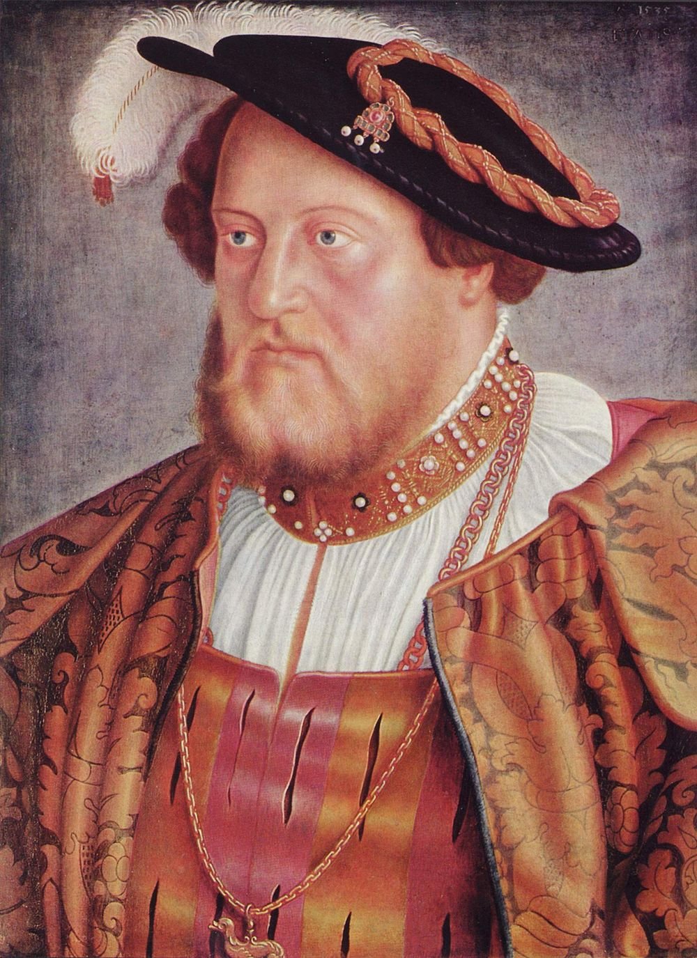 Porträtt av Kung Henrik VIII i renässanskläder med en fjäderhatt och en utsmyckad guldkedja