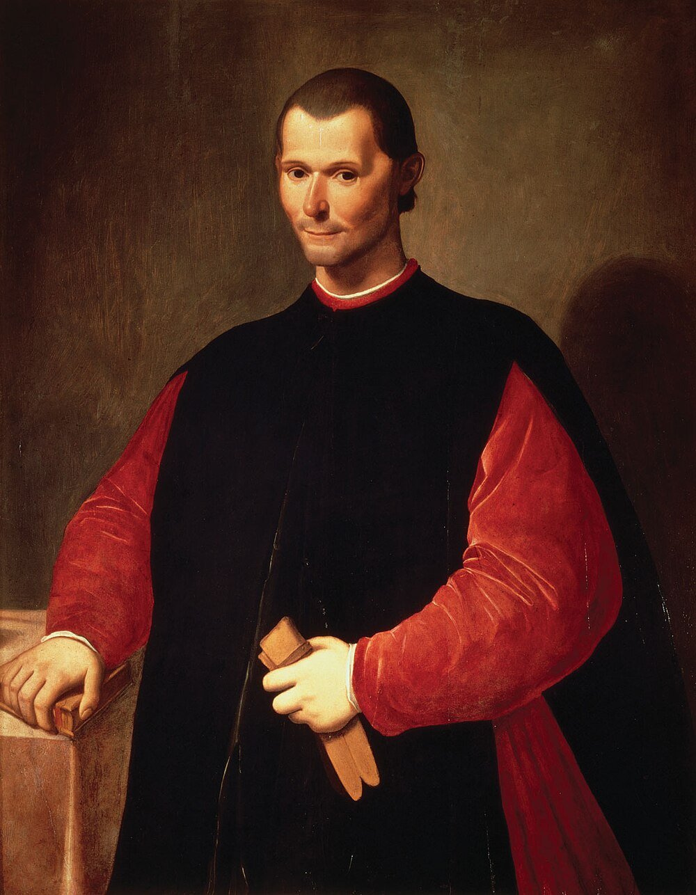 Niccolò Machiavelli Renässansporträtt Porträtt av Niccolò Machiavelli i renässanskläder som håller en bok, symboliserande politisk filosofi och historia.