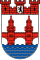 Rött Slottemblem med Blå Vågor Sköld Rött slottemblem med två torn ovanför blå vågor på vit sköld, symboliserar en historisk kuststad eller fästning.